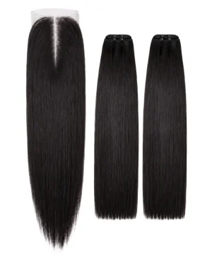 Crownmane Black Bone Straight Human Hair Set 2 Bundle + Closure