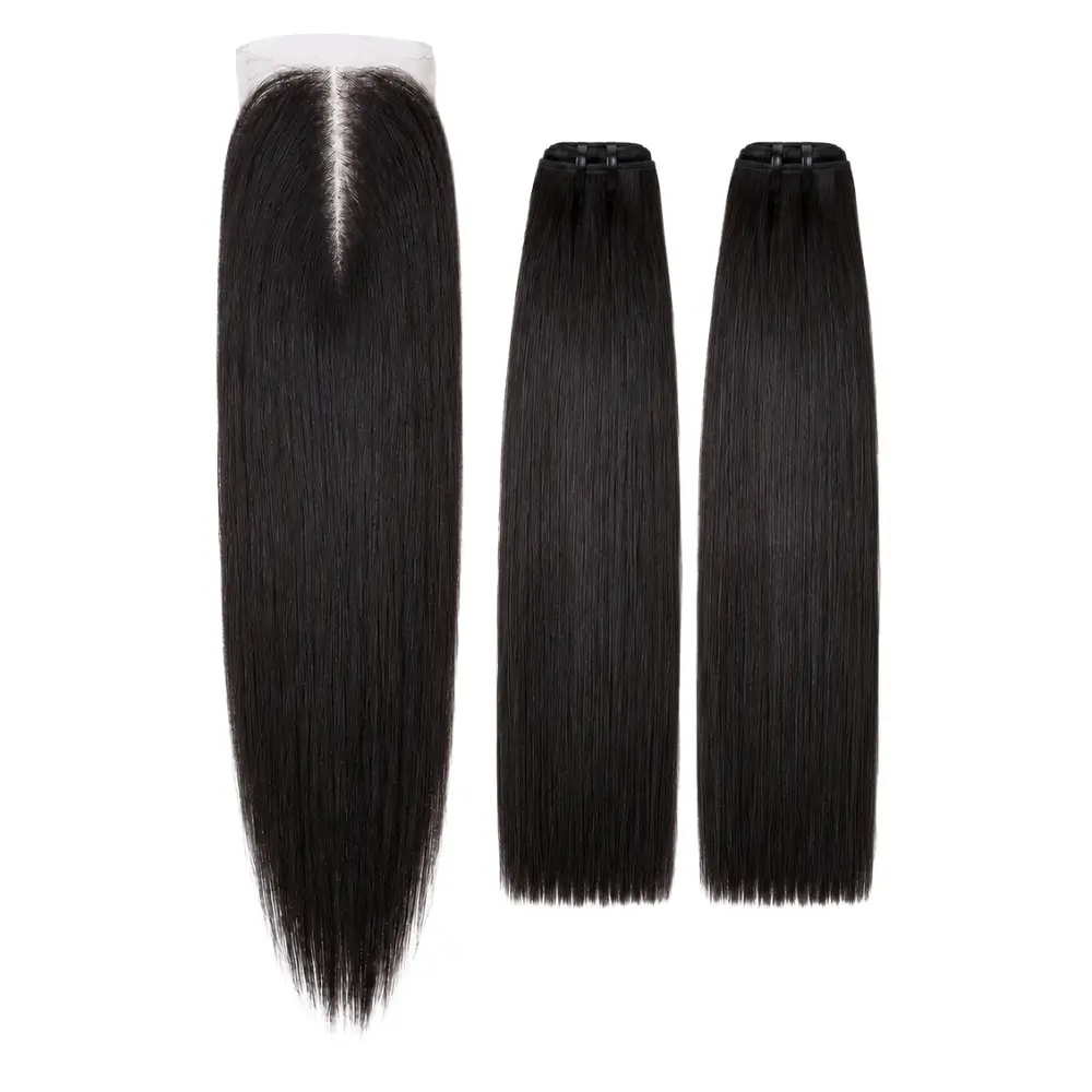 Crownmane Black Bone Straight Human Hair Set 2 Bundle + Closure