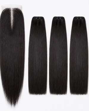 Crownmane Black Bone Straight Human Hair Set 3 Bundle + Closure
