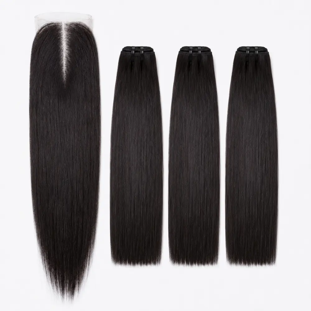 Crownmane Black Bone Straight Human Hair Set 3 Bundle + Closure