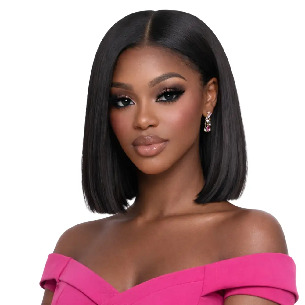 Crownmane Black Bone Straight Human Hair Wigs 10 Inch