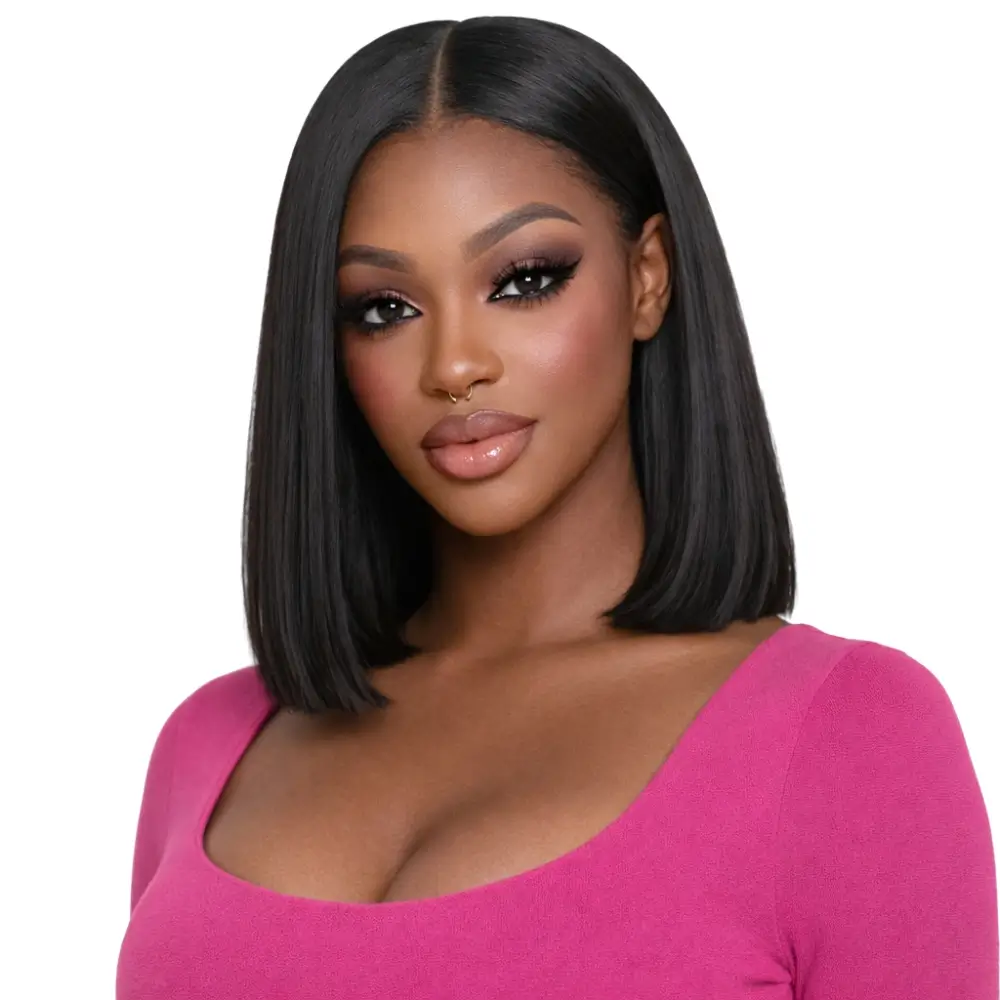 Crownmane Black Bone Straight Human Hair Wigs 12 Inch