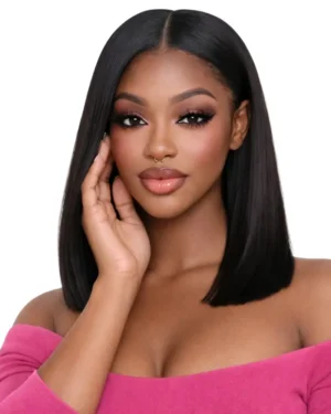 Crownmane Black Bone Straight Human Hair Wigs 14 Inch