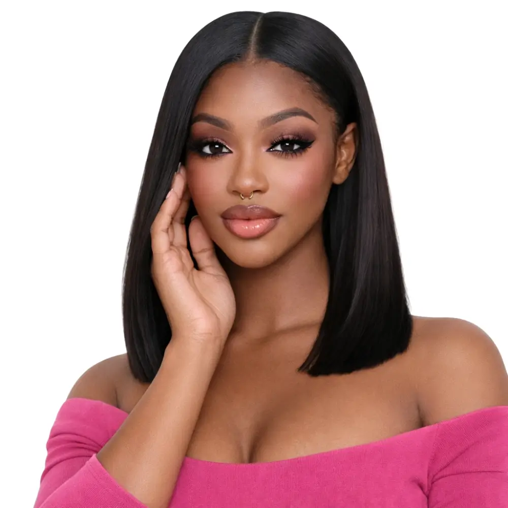 Crownmane Black Bone Straight Human Hair Wigs 14 Inch