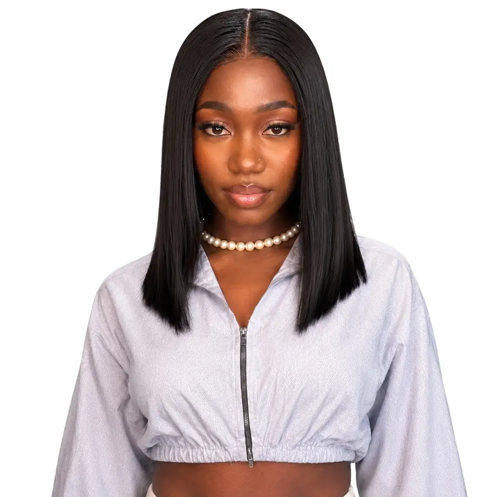 Crownmane Black Bone Straight Human Hair Wigs 14 Inch