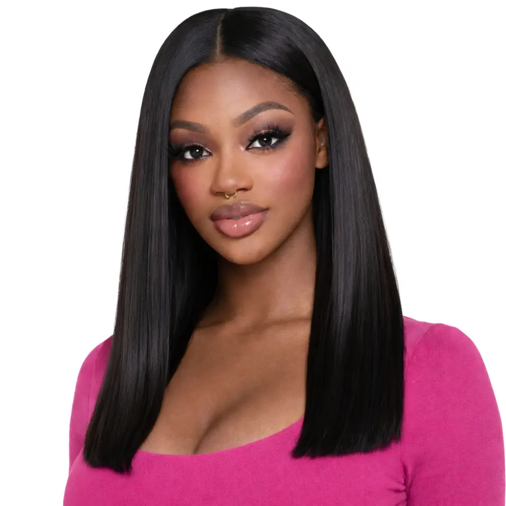 Crownmane Black Bone Straight Human Hair Wigs 16 Inch