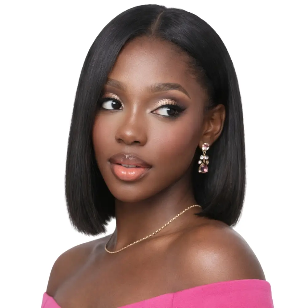 Crownmane Black Bone Straight Human Hair Wigs 8 Inch